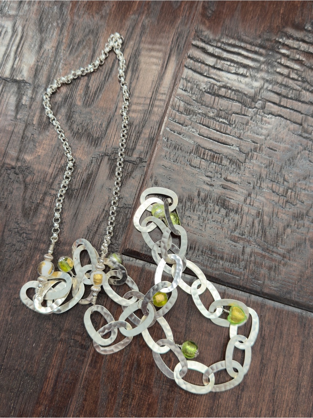 Hammered Sterling Silver-Link Necklace with Green and Gold Accent Beads